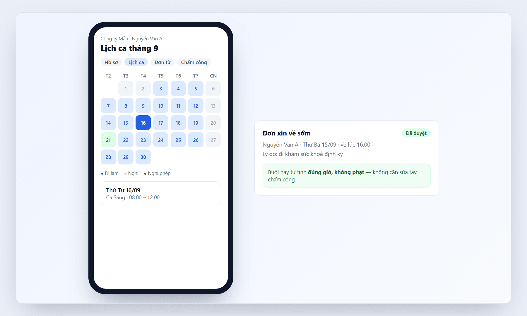 App nhân viên với lịch ca cả tháng