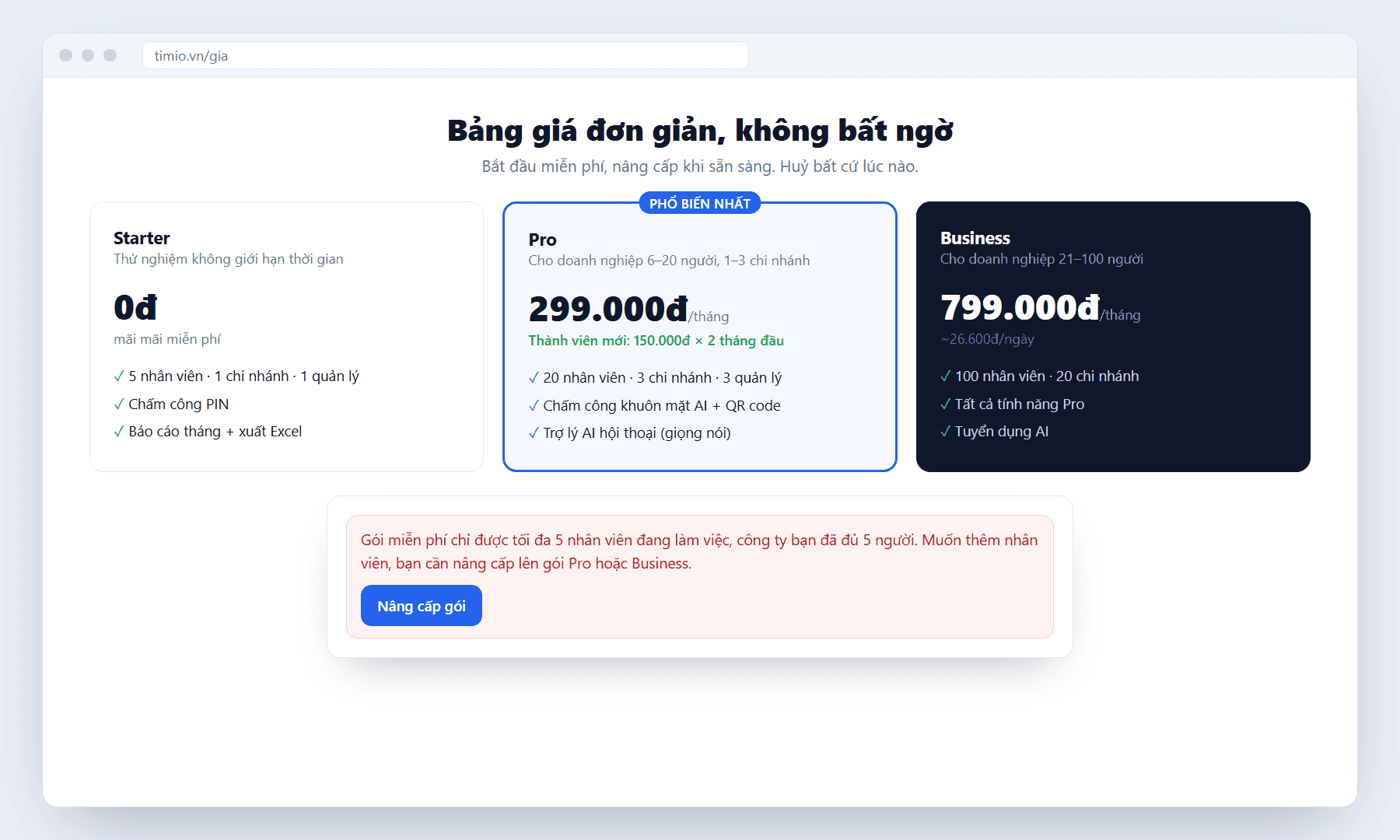 Bảng giá ba gói Starter, Pro và Business