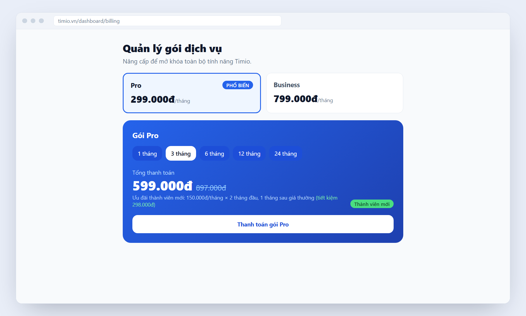 Trang Gói dịch vụ: gói Pro 3 tháng với ưu đãi thành viên mới, tổng 599.000đ