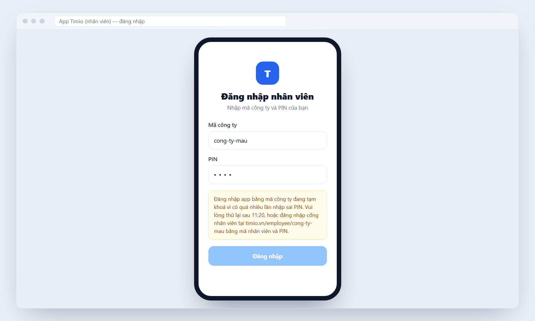 Màn đăng nhập app điện thoại báo tạm khoá vì nhập sai PIN nhiều lần