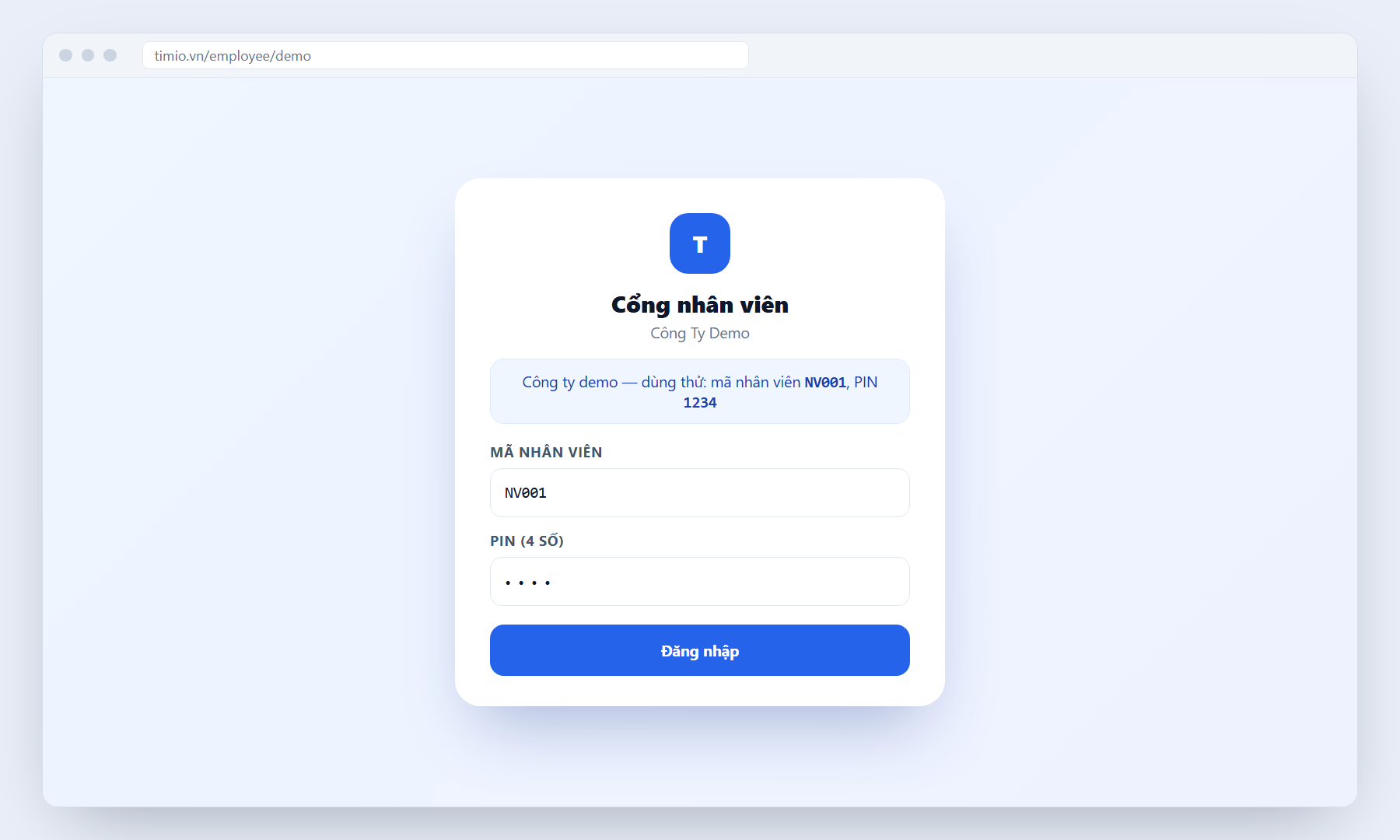 Màn đăng nhập cổng nhân viên công ty demo ghi sẵn mã NV001 và PIN 1234 để dùng thử